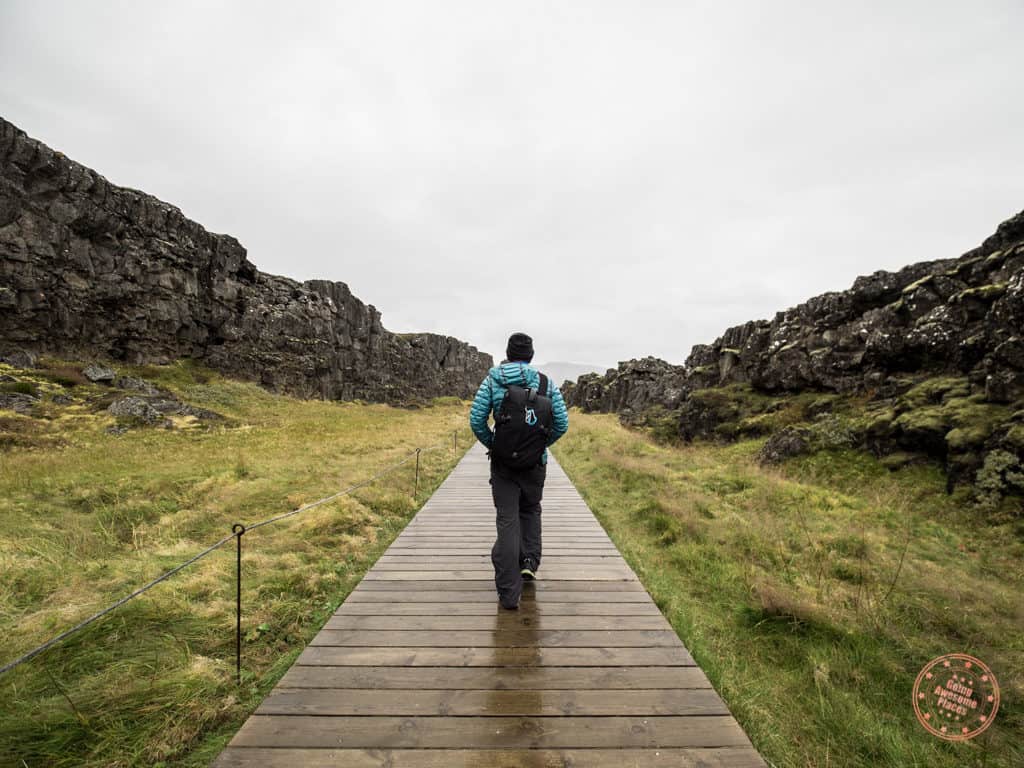 hiking a boardwalk in thingvellir national park on 6 day iceland itinerary