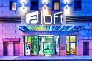 aloft manhattan downtown financial district entrance with neon lighting 