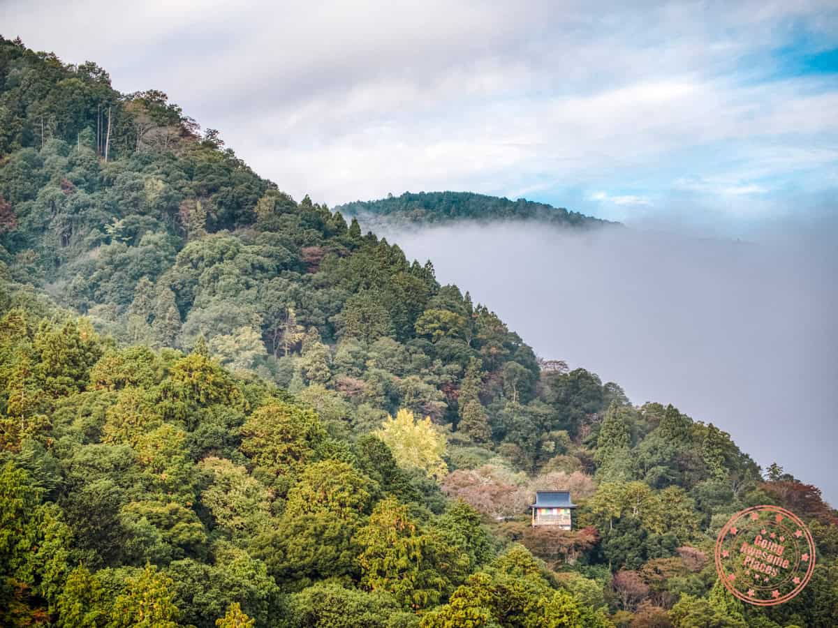 arashiyama park observation deck of temple from across the gorge