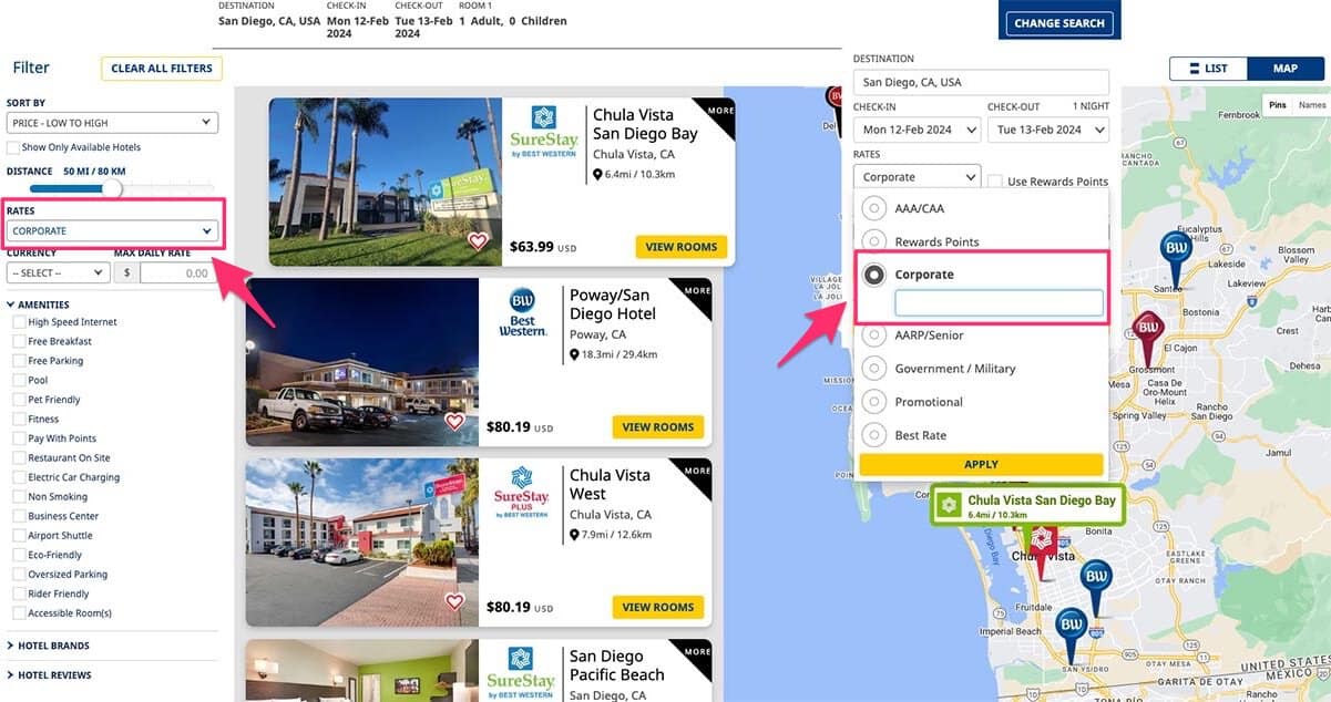 entering best western corporate code on map search page