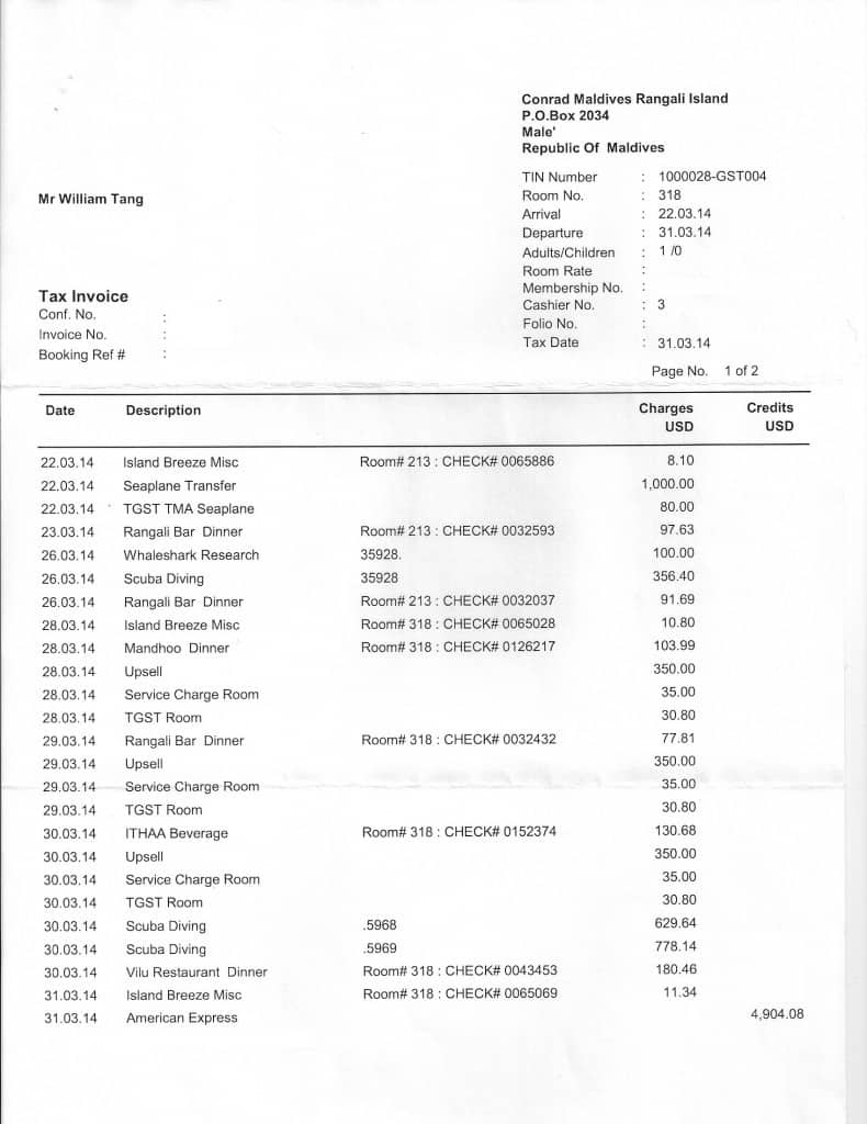 Conrad Maldives invoice sample page 1