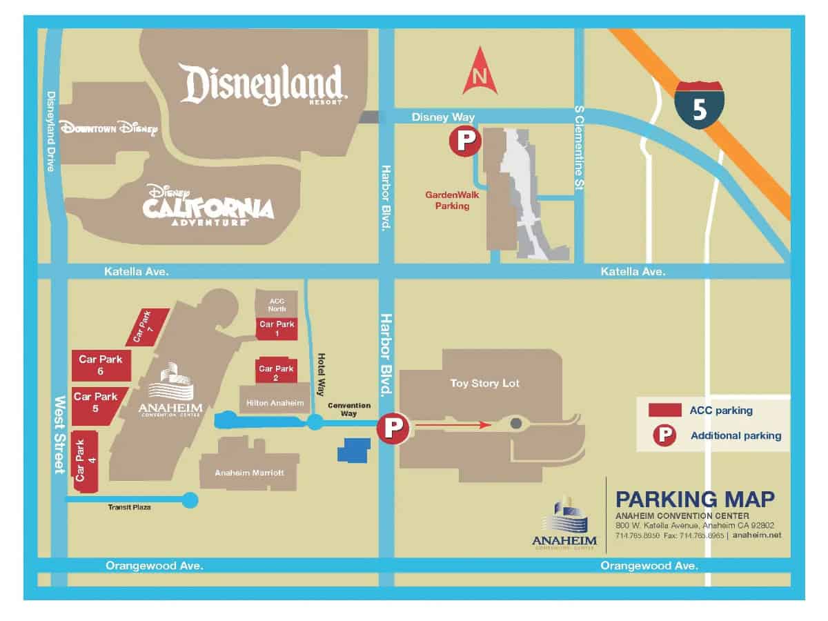 map of parking near the convention center, showing downtown disney above and south harbor blvd 