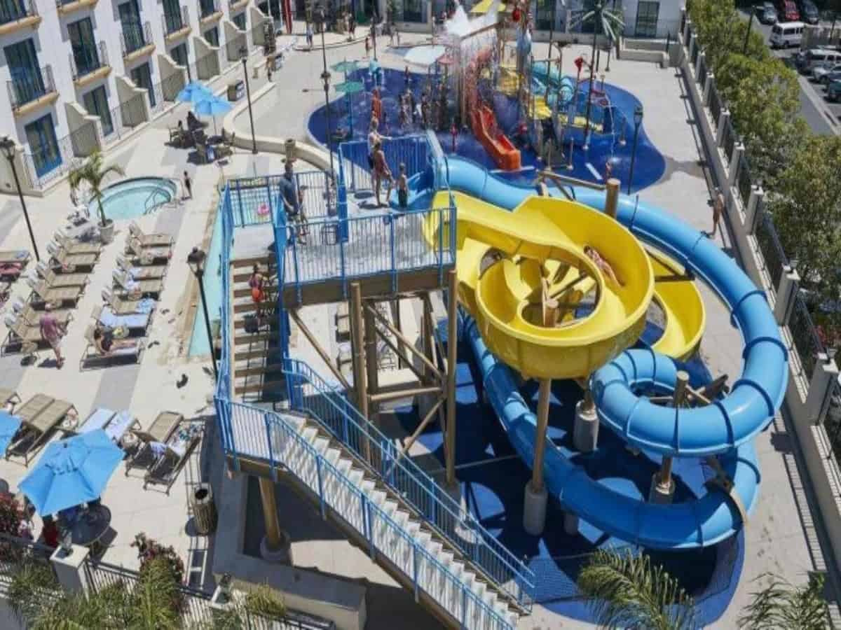 aerial view over waterpark at courtyard anaheim theme park entrance