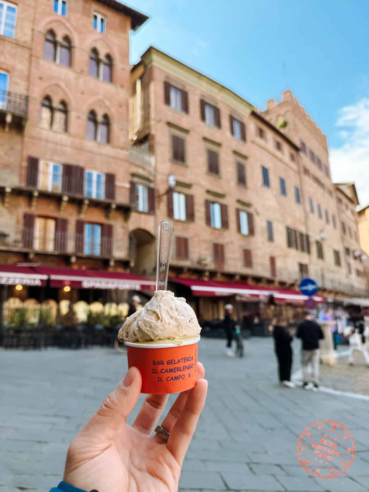 cup of gelato in siena main square