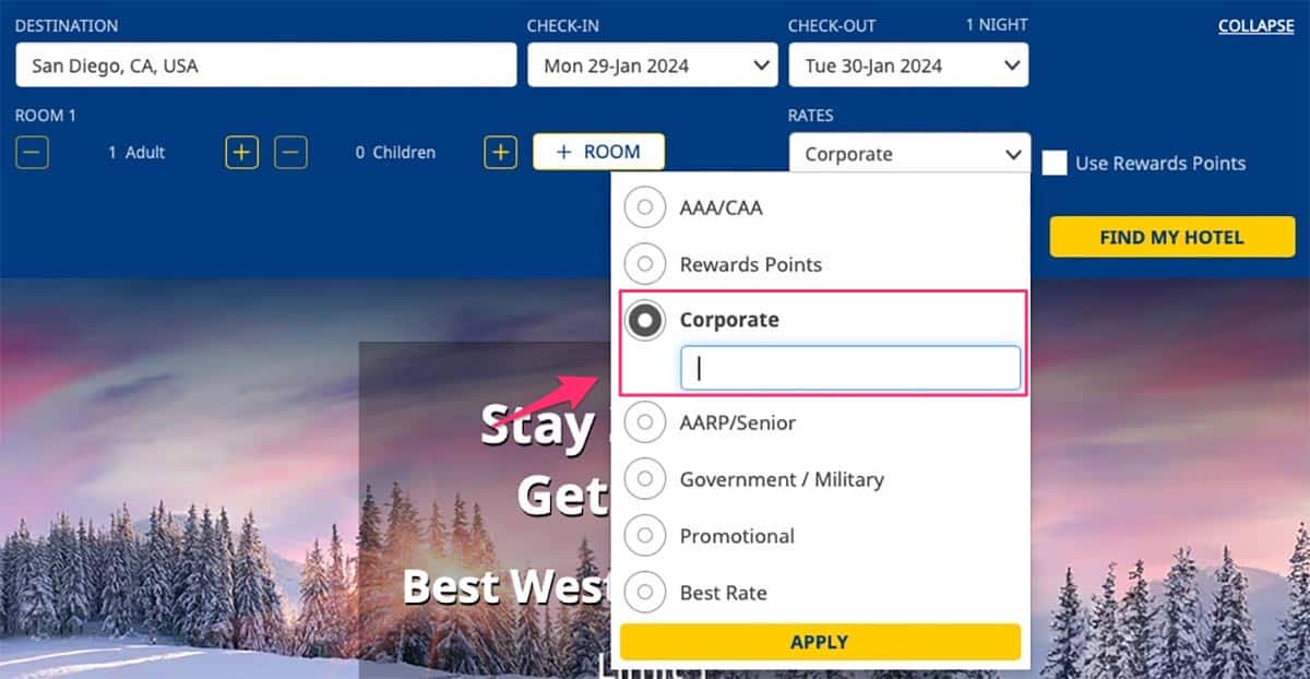 discount bets western corporate code entering on home page
