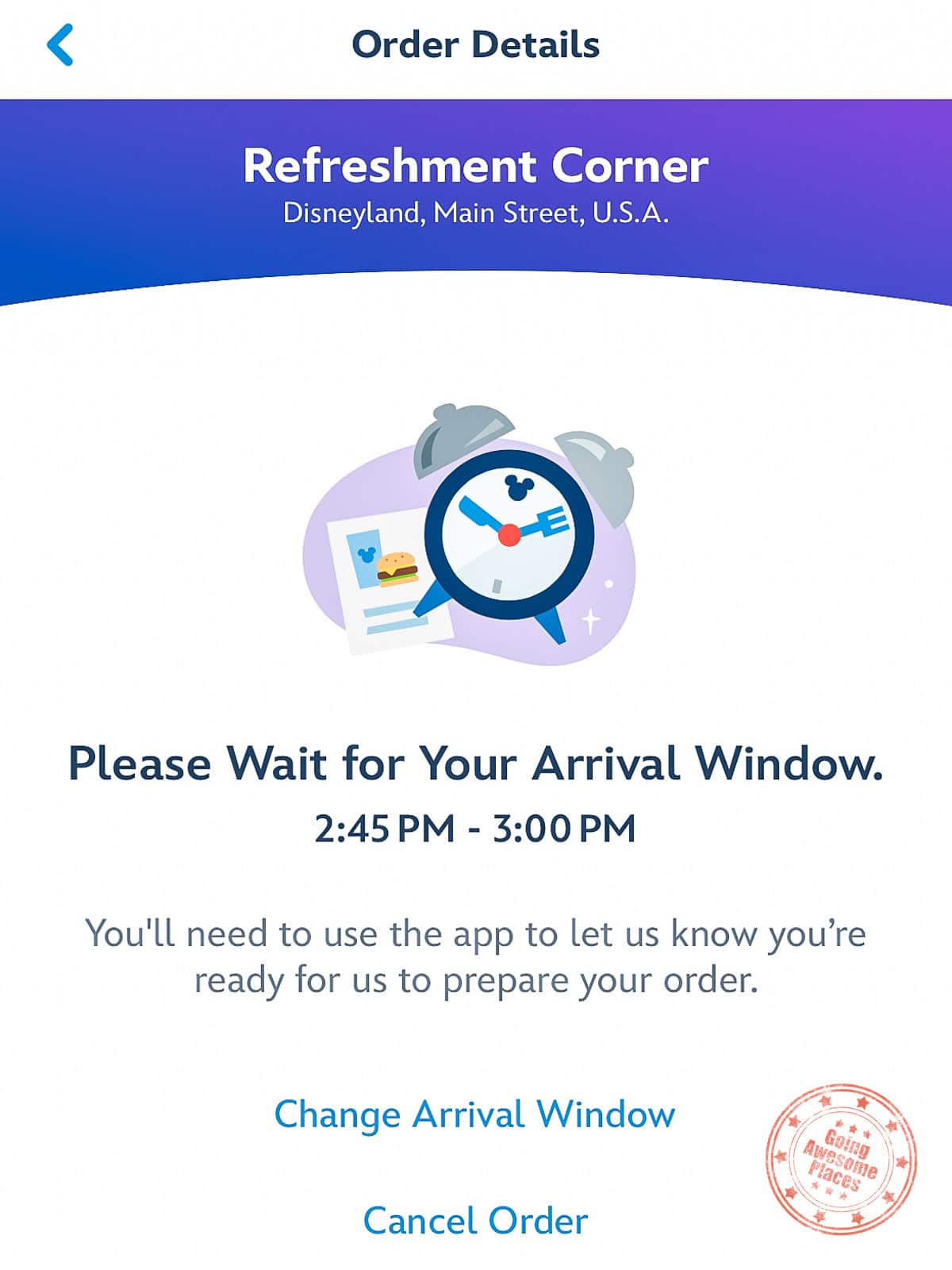 disneyland food order scheduling arrival window notice