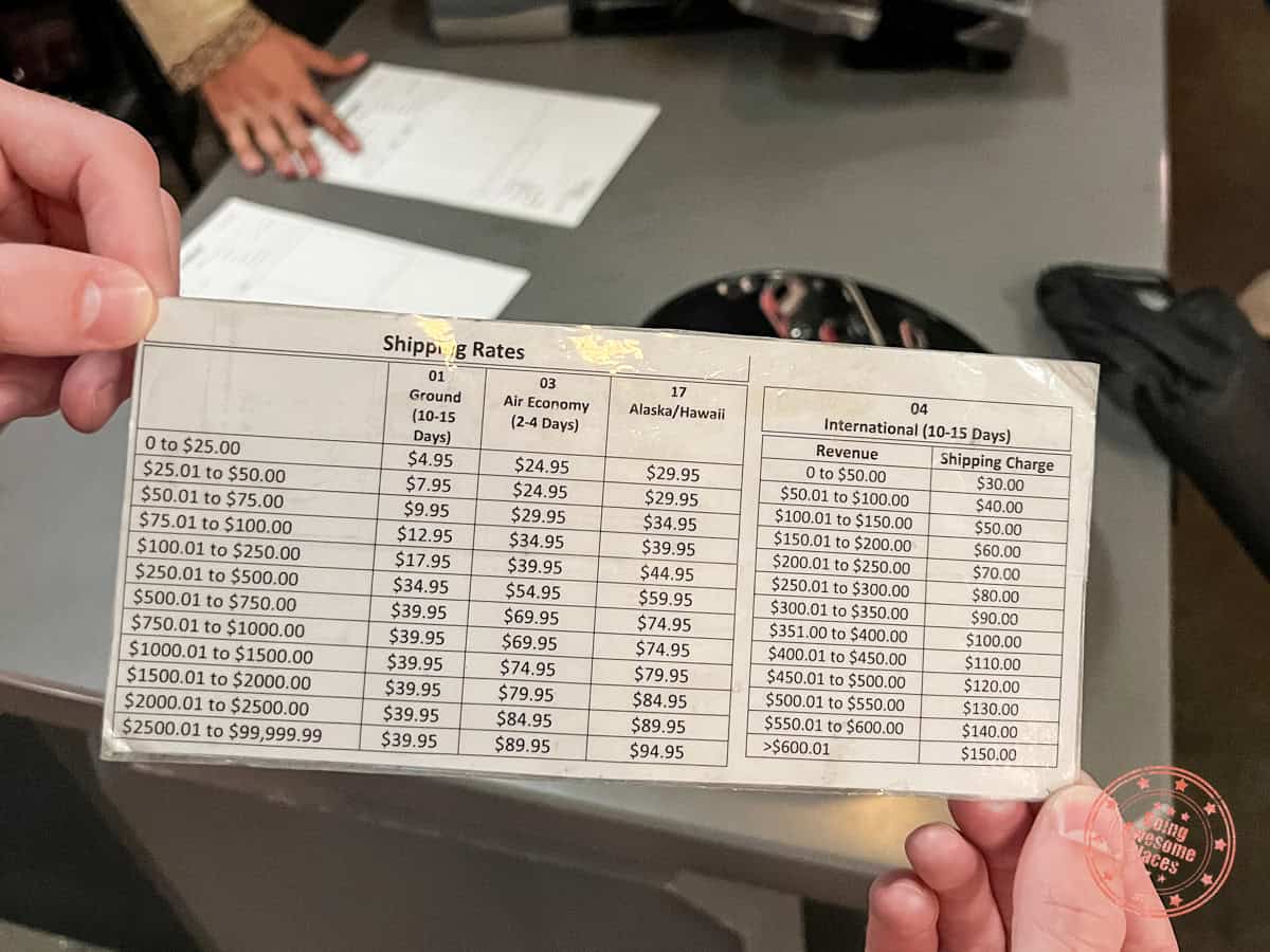 disneyland shipping service rate chart