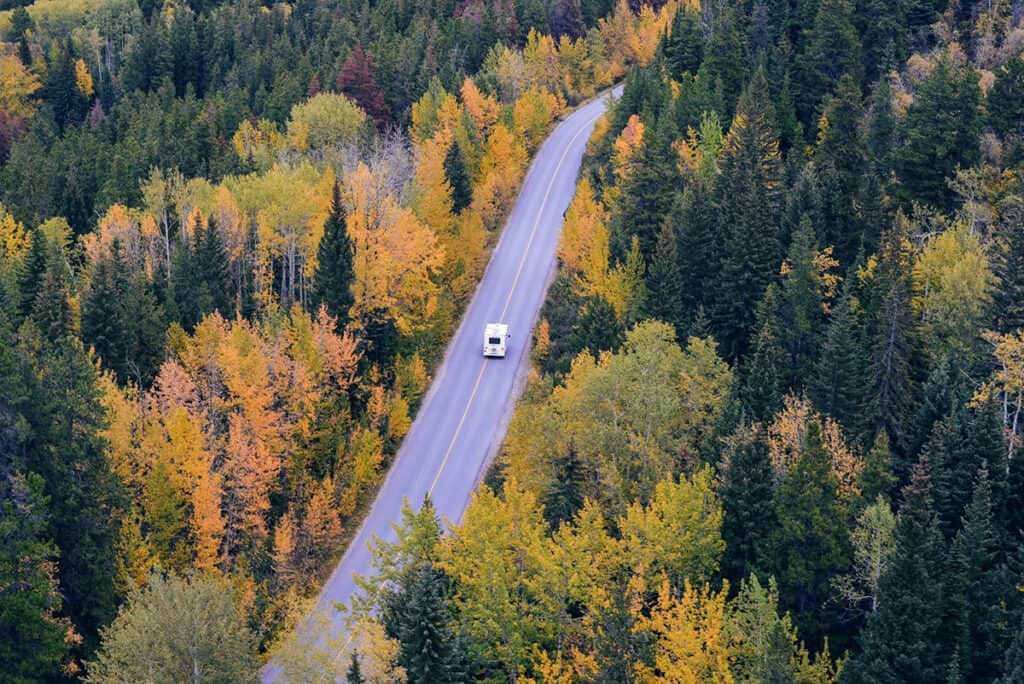 autumn and fall colours driving on ontario roads with an rv