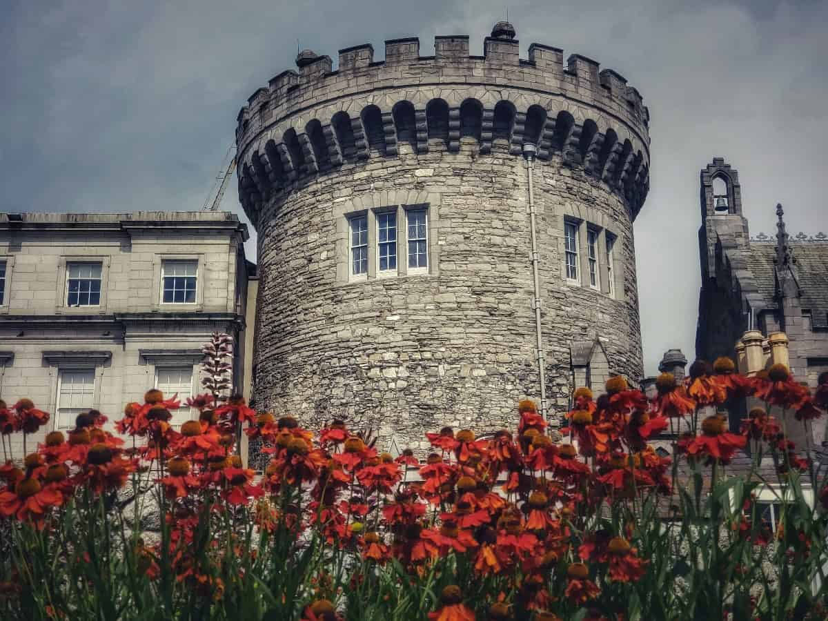 rows of flowers in front of dublin castle