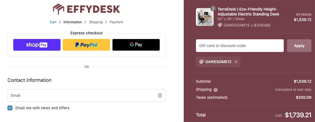 effydesk order page with coupon code