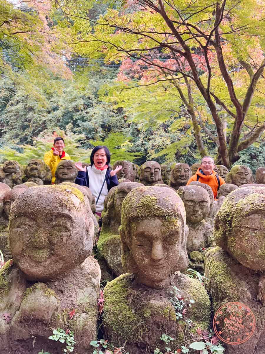 family photo with small statues at otagi nenbutsuji temple