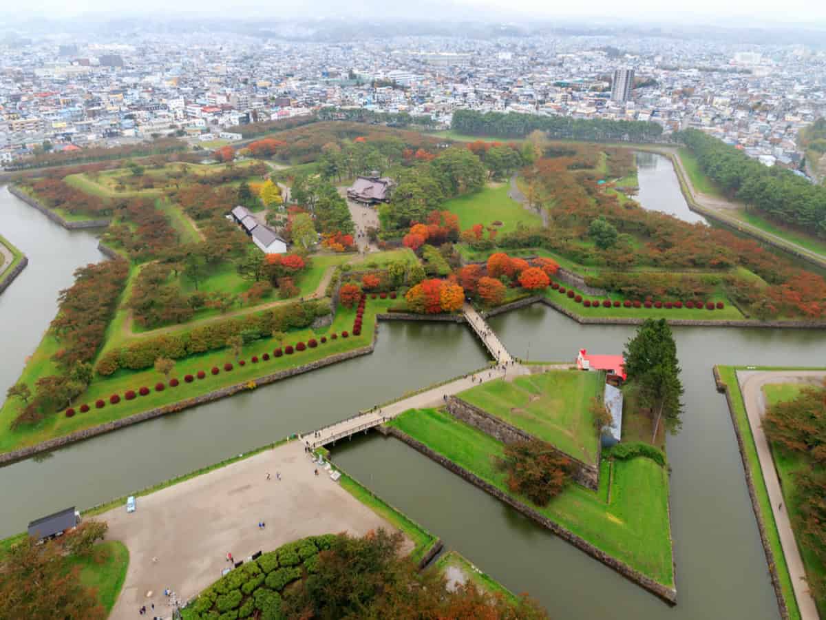 view looking over goryokaku park from goryokaku tower