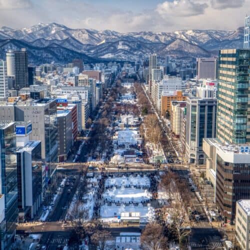 aerial view over hokkaido's capital city, sapporo, in the winter