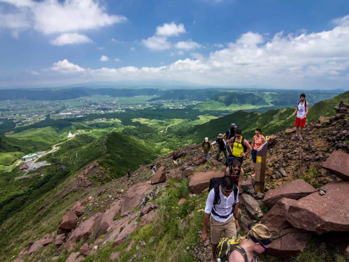 group of hikers on mt. aso