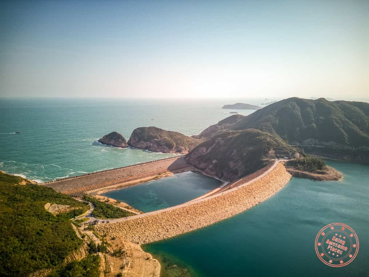 hong kong geopark's high island reservoir east dam aerial view