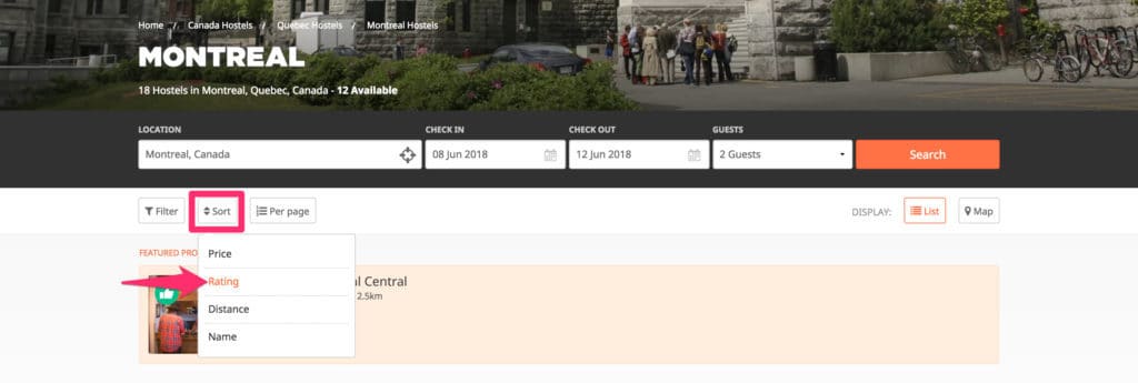 Sort your search on Hostelworld
