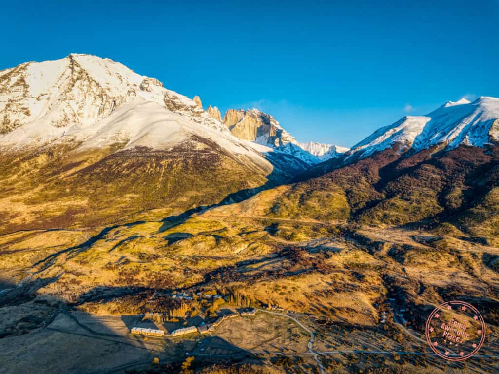 aerial of hotel las torres in patagonia at sunrise