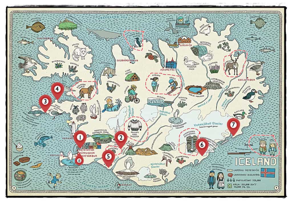 graphic of iceland 8 day itinerary map with pins of all stops