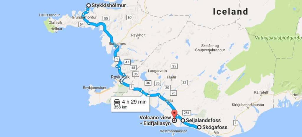 8 day iceland itinerary road trip map - day 5 route