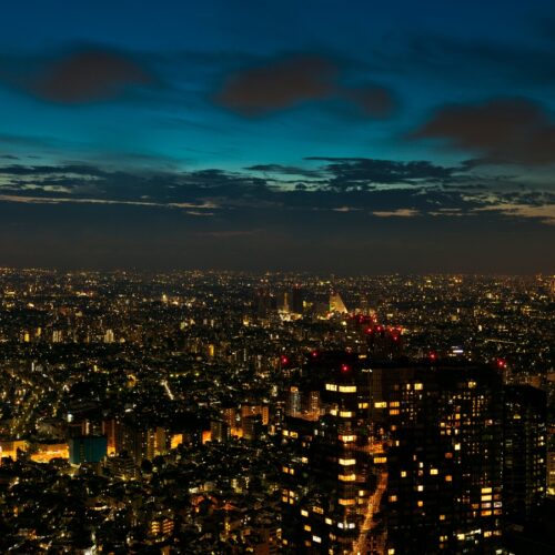 aerial view over tokyo city at night