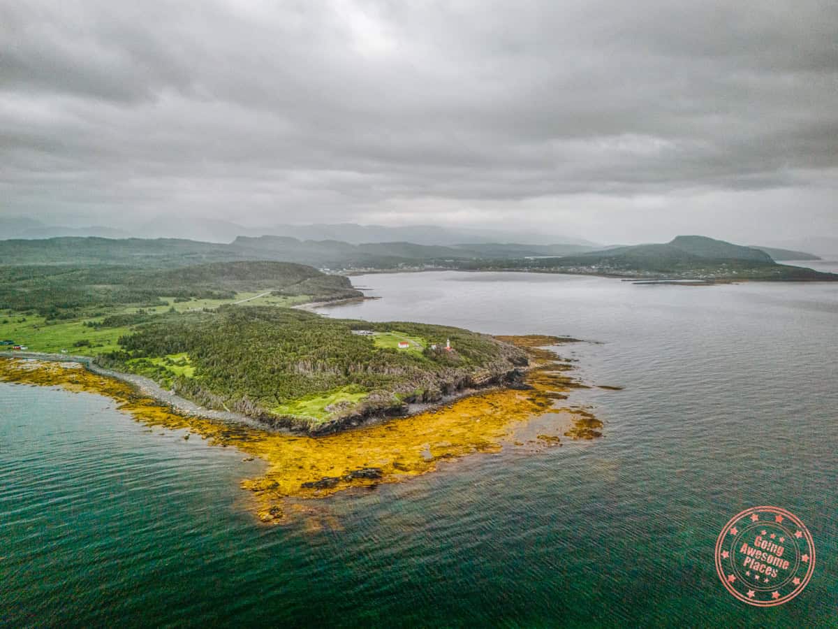 moody lobster cove head lighthouse in gros morne aerial photography