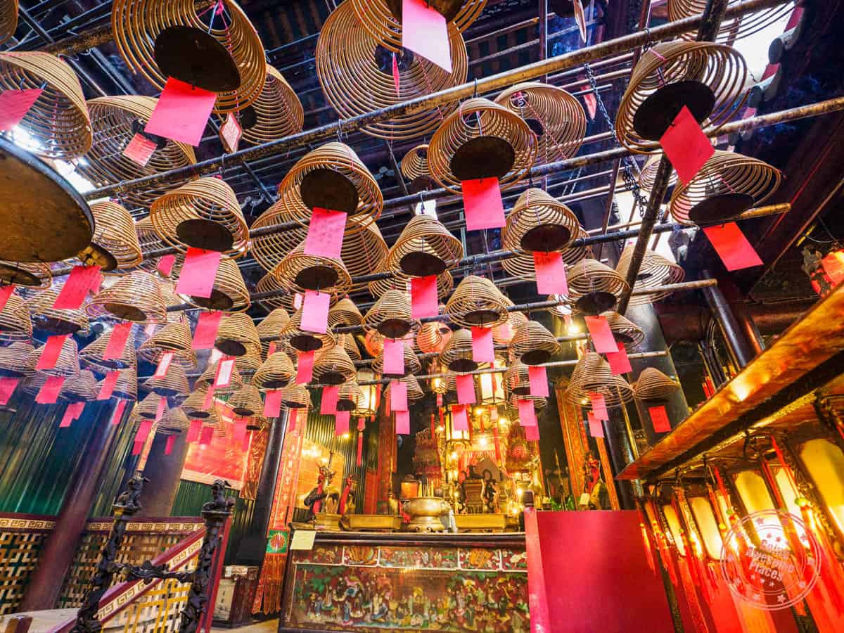 man mo temple hong kong with spiral incense coils