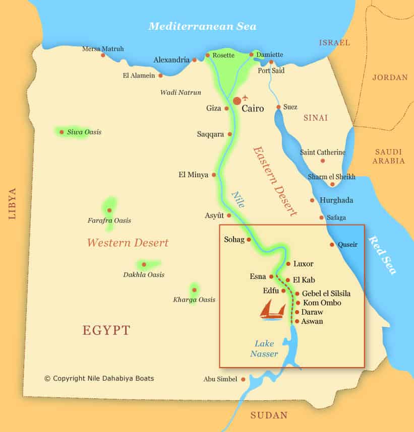 map of egypt geography and dahabiya nile cruise itinerary