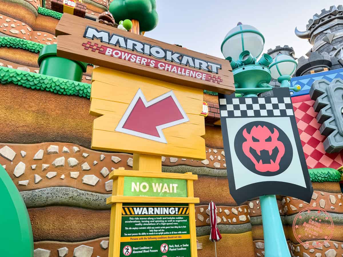 mario kart bowser's challenge entry sign with no wait displayed