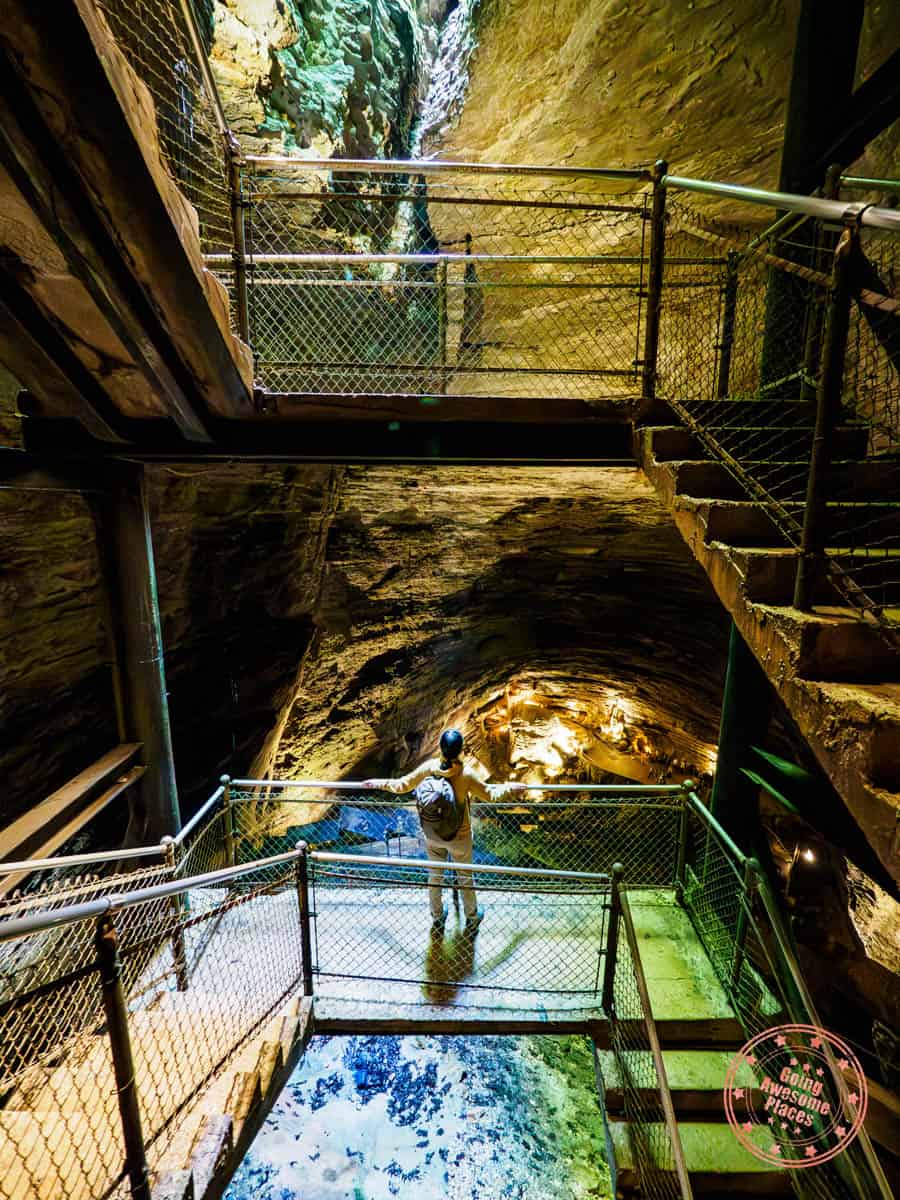 taking staircase of tour of marvel cave at silver dollar city