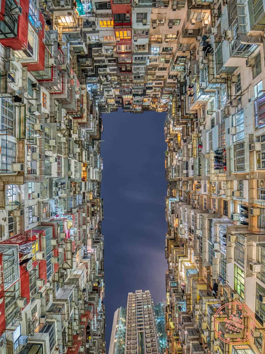 hong kong monster building night photography looking up