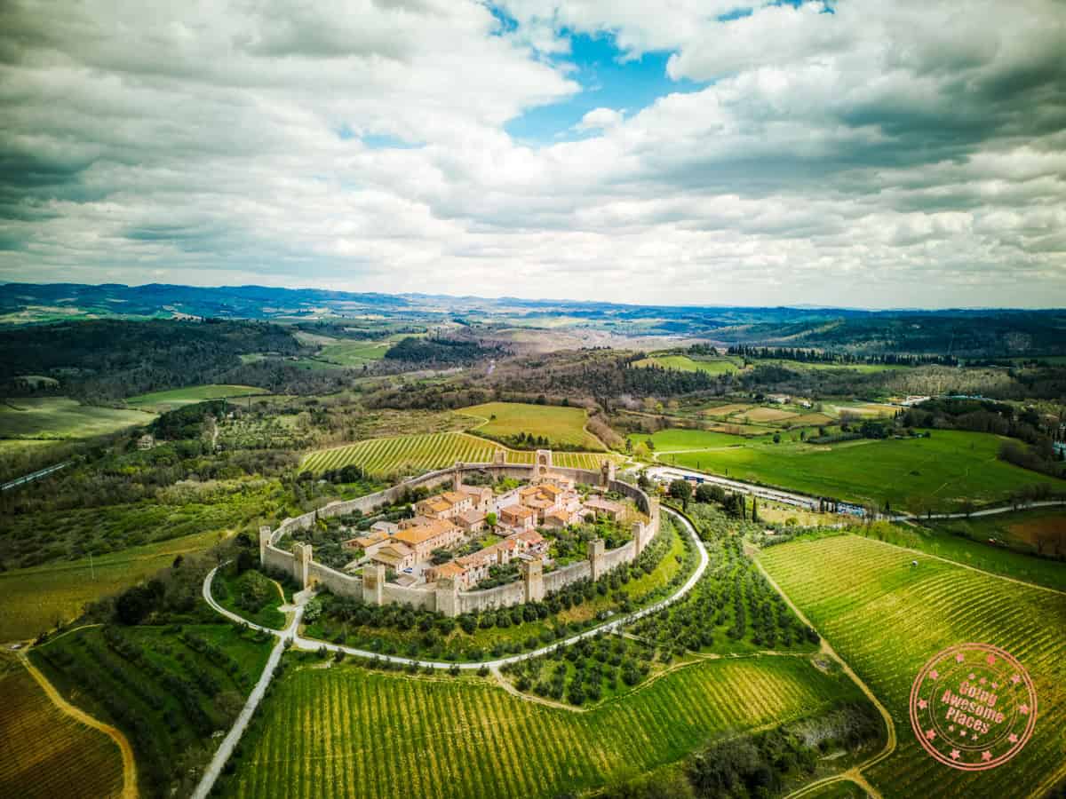 monteriggioni walled medieval town drone aerial view
