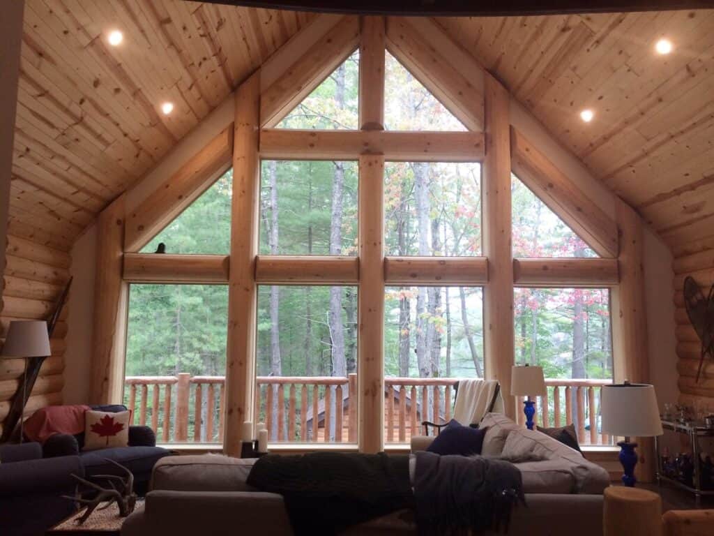 muskoka log cottage on an island on airbnb with view of lake in the interior
