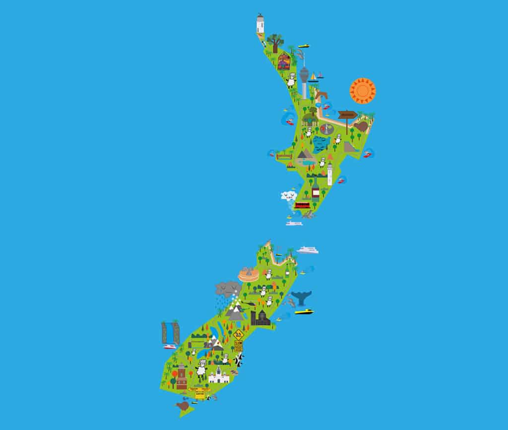 illustrated north and south island of new zealand map as part of 3 week itinerary