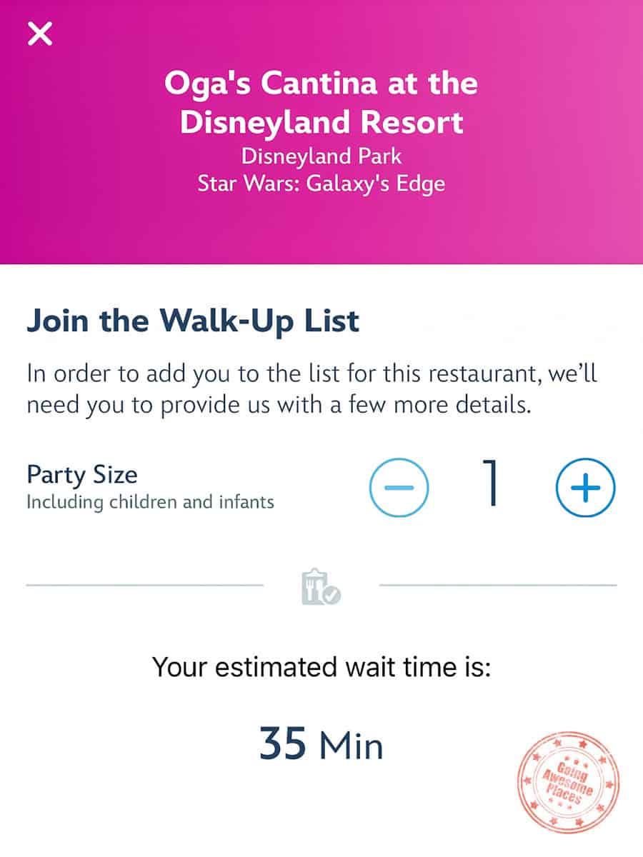 joining the oga's cantina walk-up list through the disneyland app
