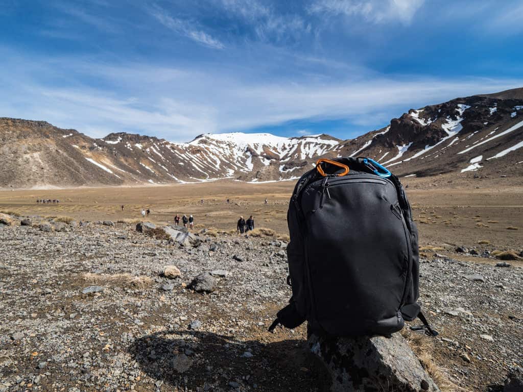peak design travel backpack on tongariro crossing