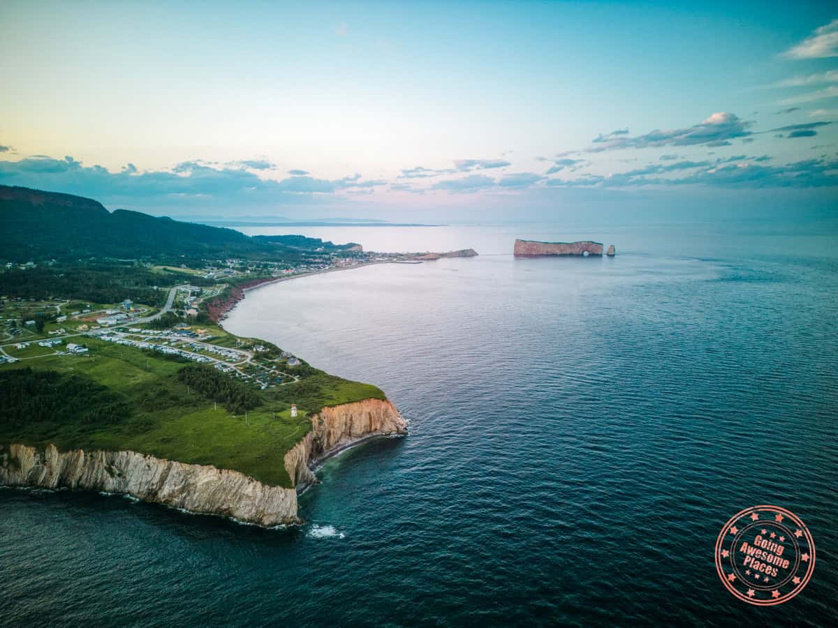 perce town aerial with cap blanc lighthouse