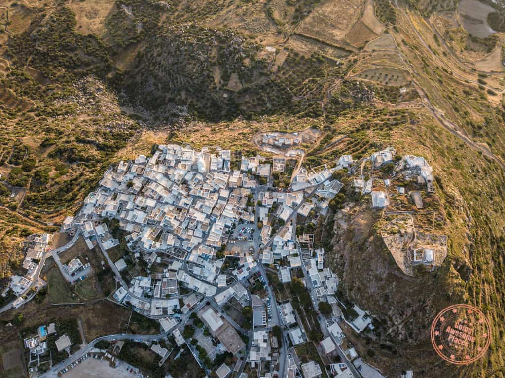 plaka milos aerial at sunset