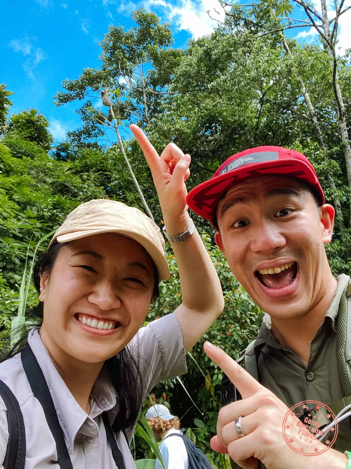 selfie of us spotting a sloth at bogarin trail in costa rica