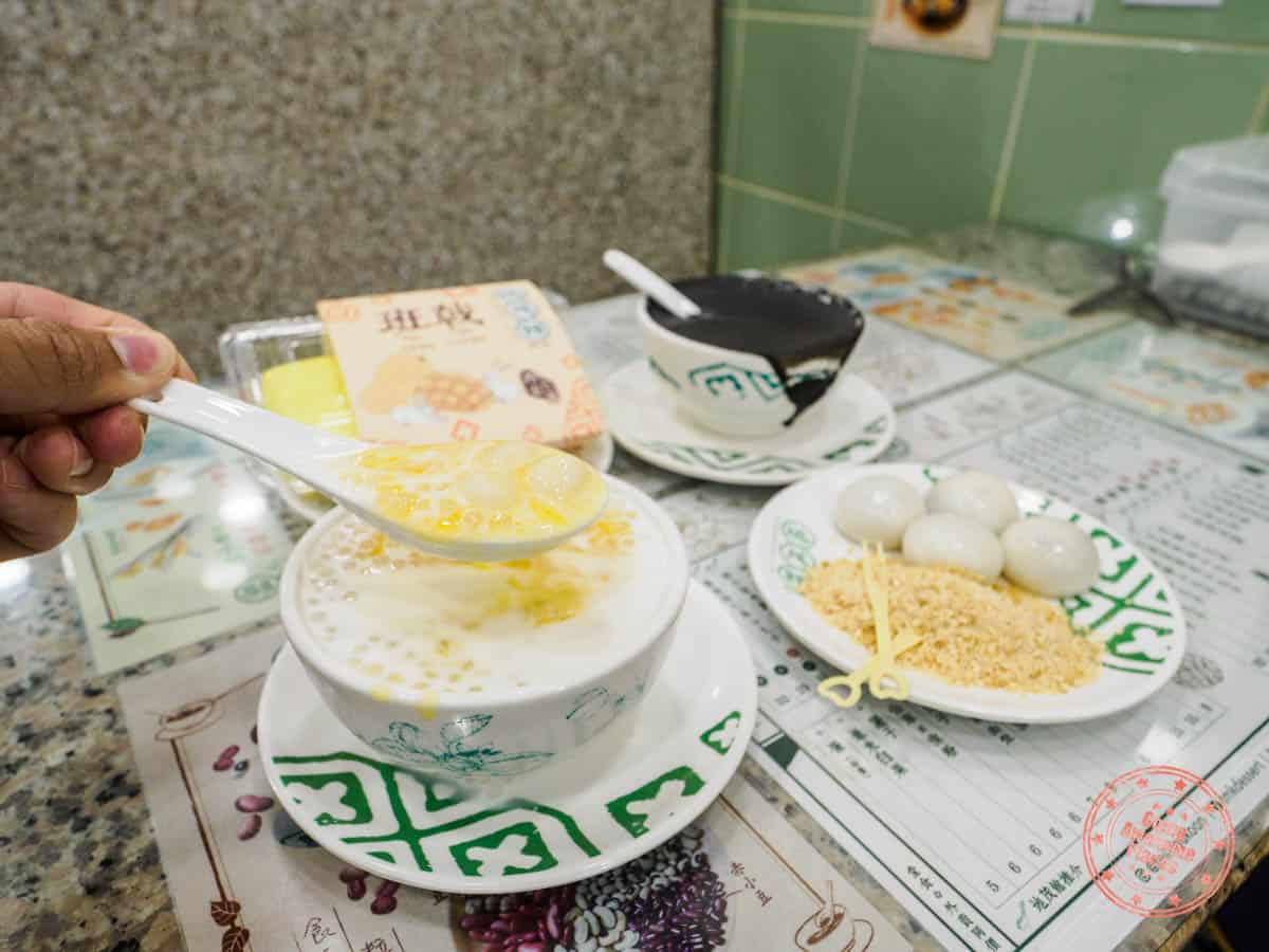 table of 4 different chinese desserts from tei mou koon in hong kong