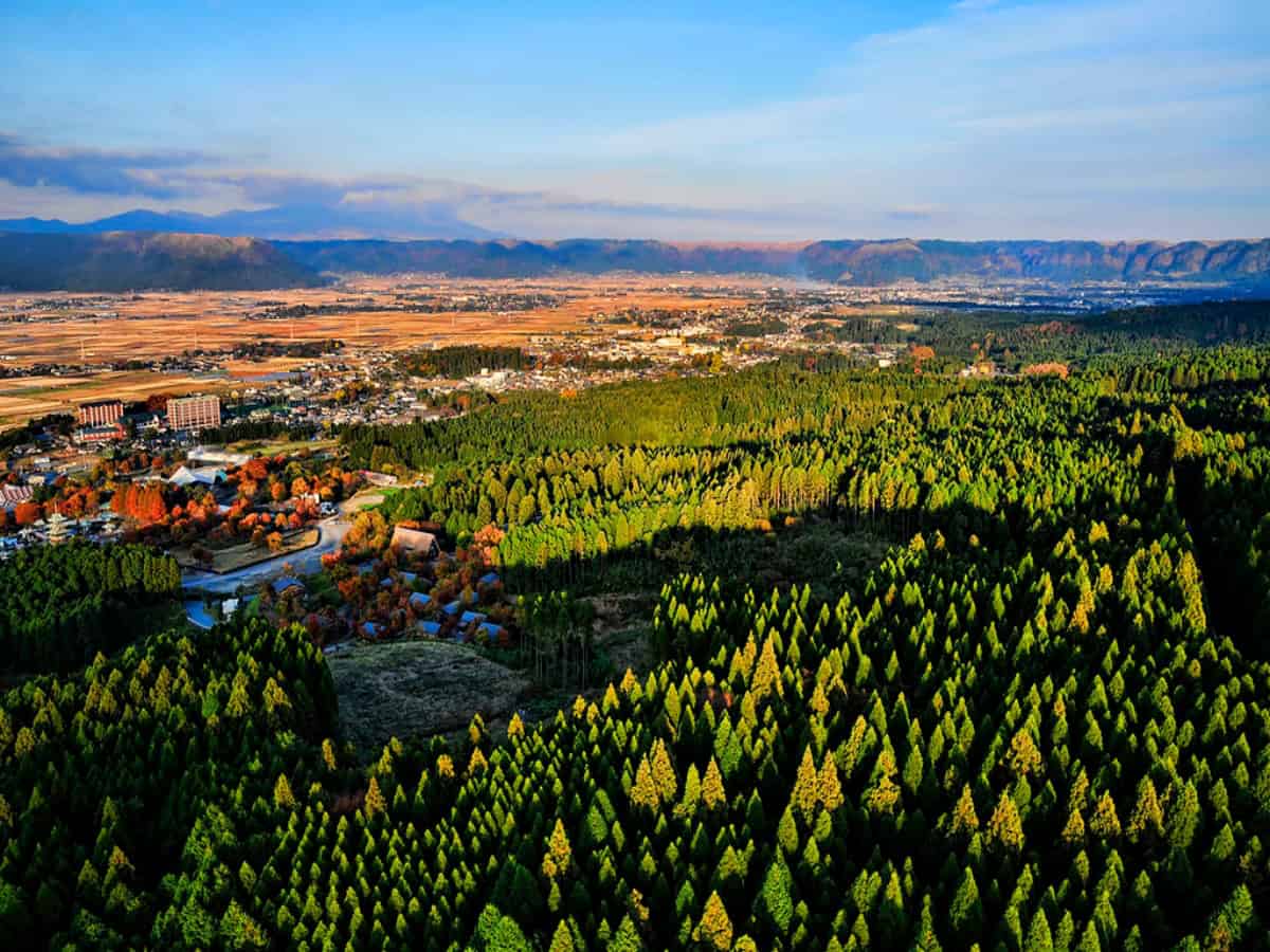 aerial view over the aso-kuju national park