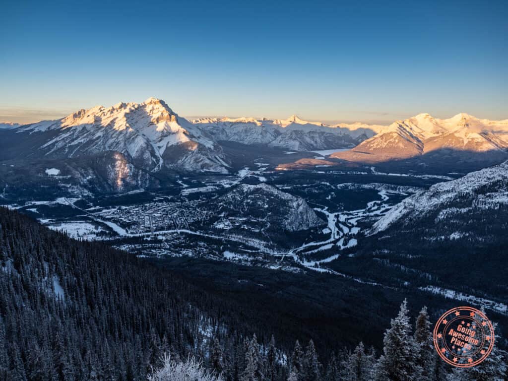 town of banff in winter sunset alpenglow