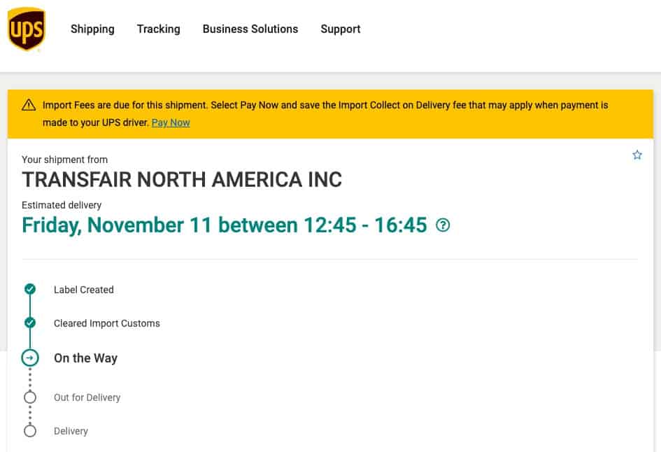 ups tracking page with brokerage fees notice