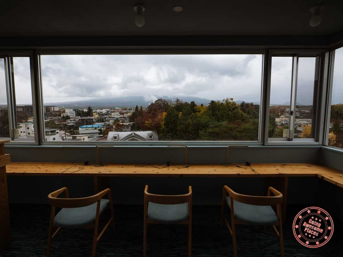 view from fuji lake hotel observation tower with mt fuju shrouded in cloud