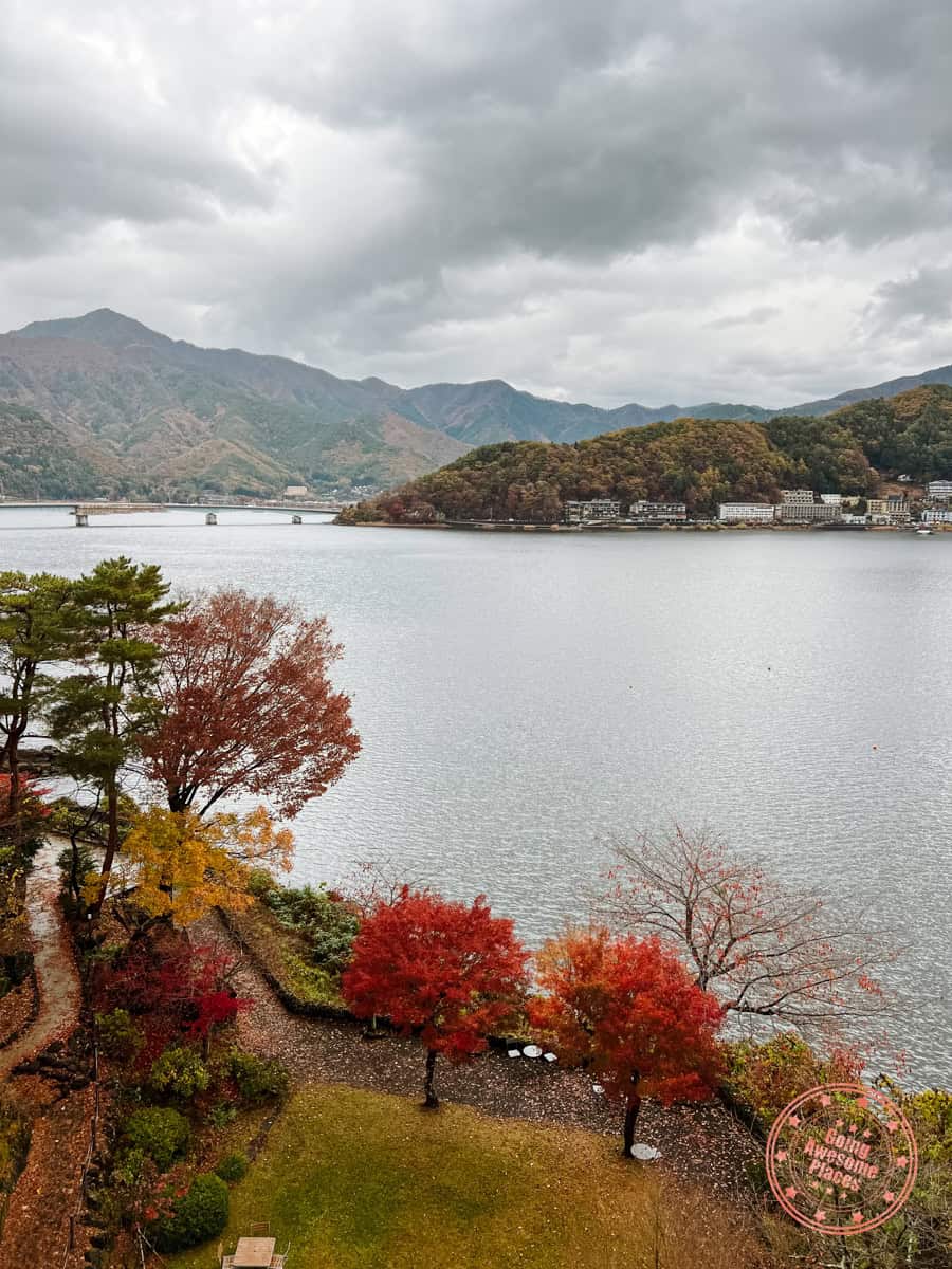 view of lake kawaguchi from fuji lake hotel in the autumn