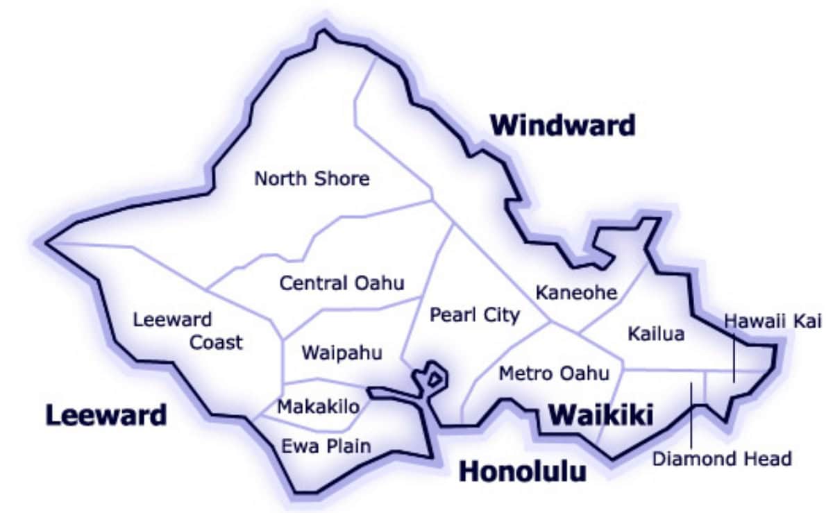 map of oahu with different neighborhoods and regions labelled