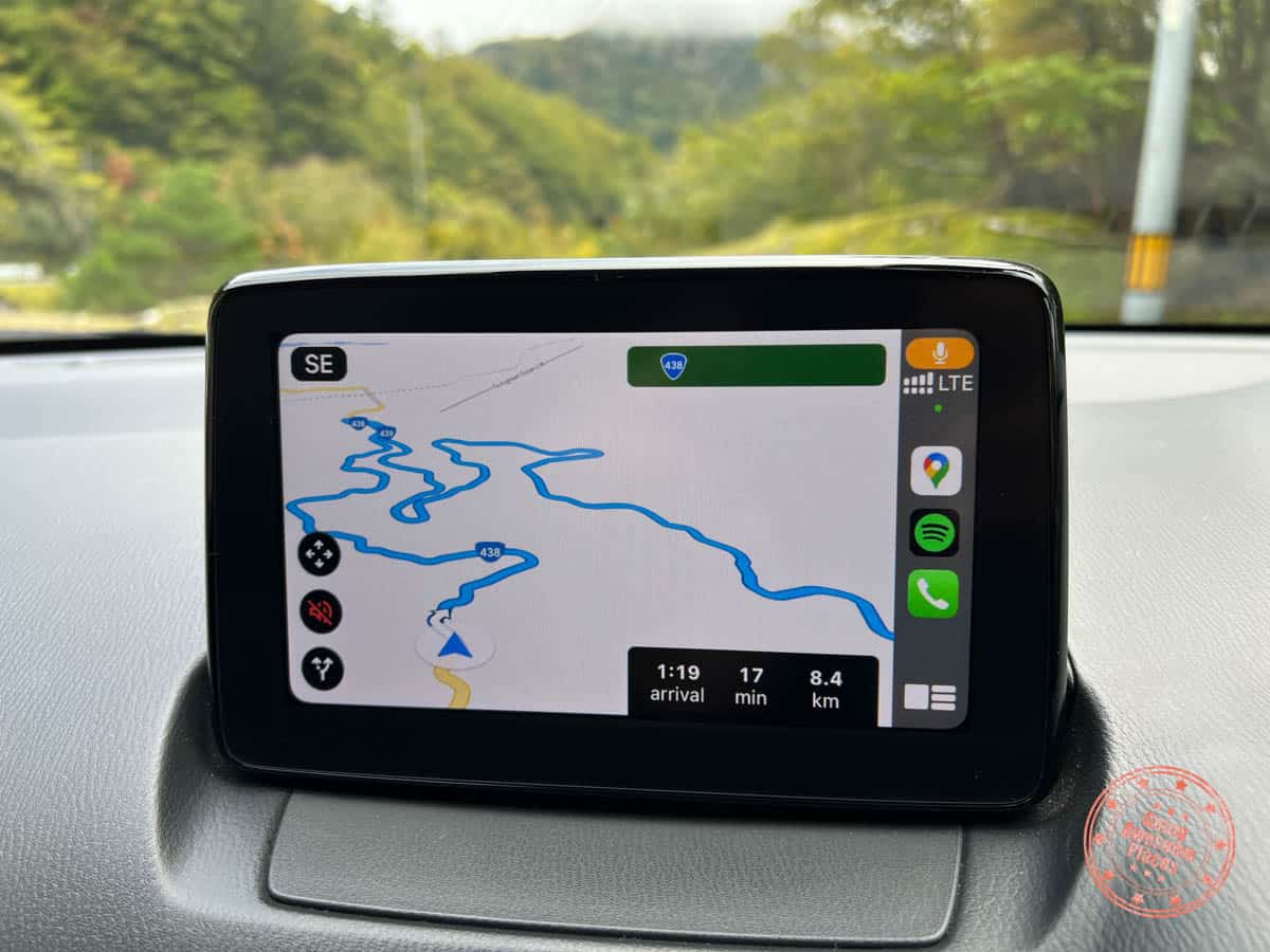 car gps displaying windy roads of iya valley in shikoku