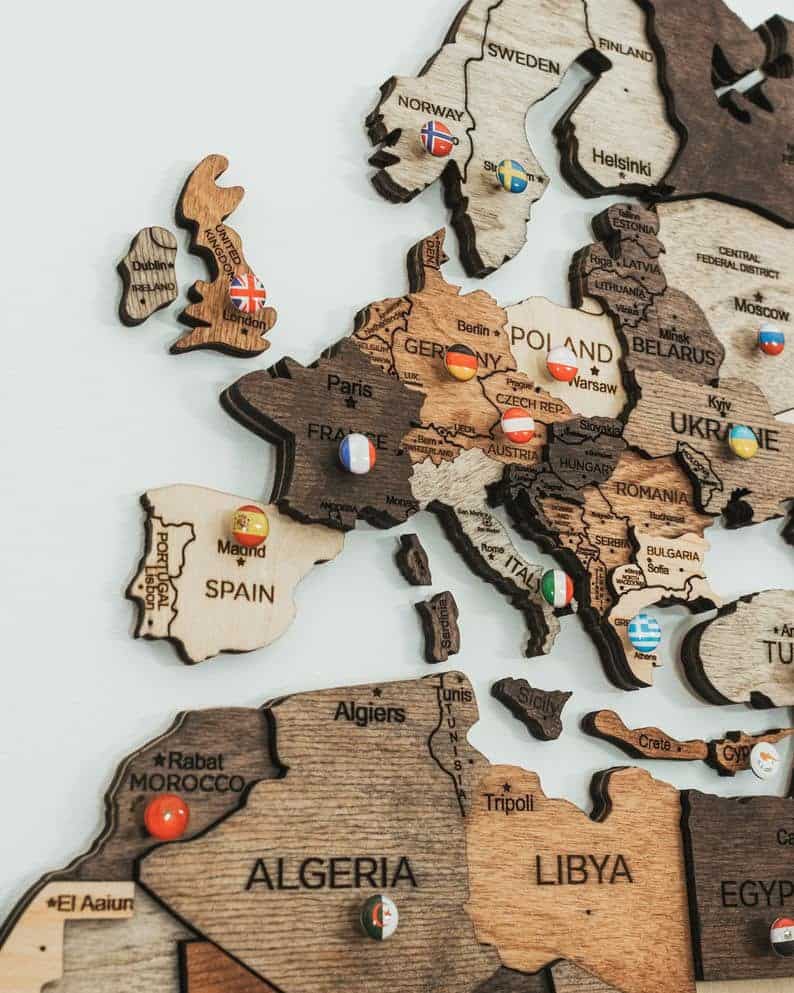 wood wall map with pins close up